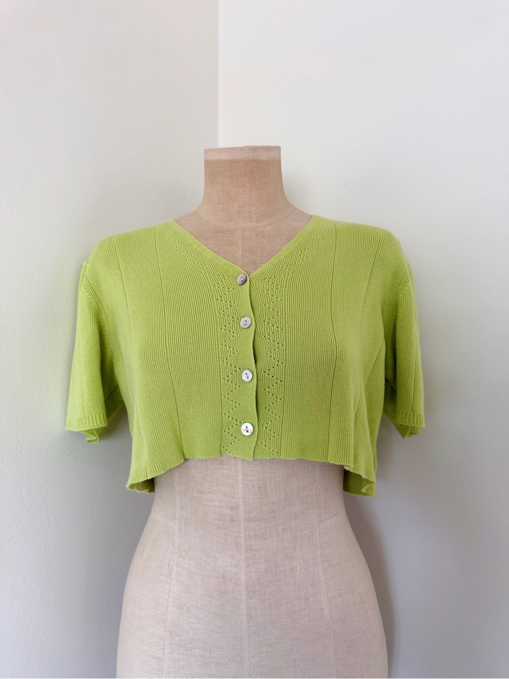 Vintage Cropped cardigan mother of pearl Button Front Knit Top in Lime Green
